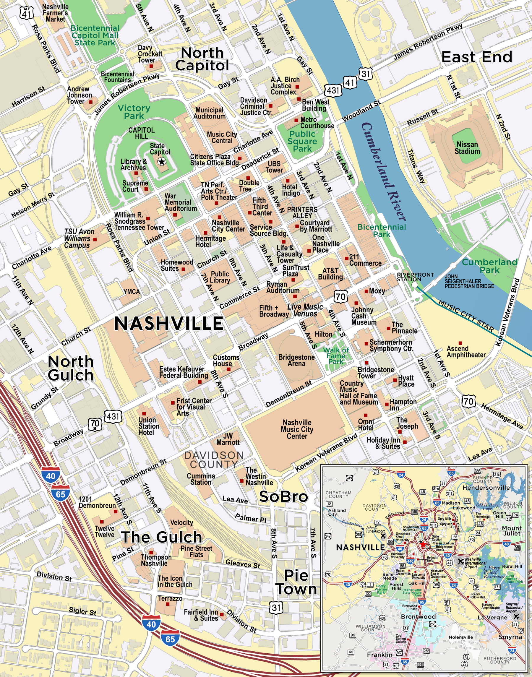 Map Of Downtown Nashville Downtown Nashville Tx Custom Map | Red Paw Technologies