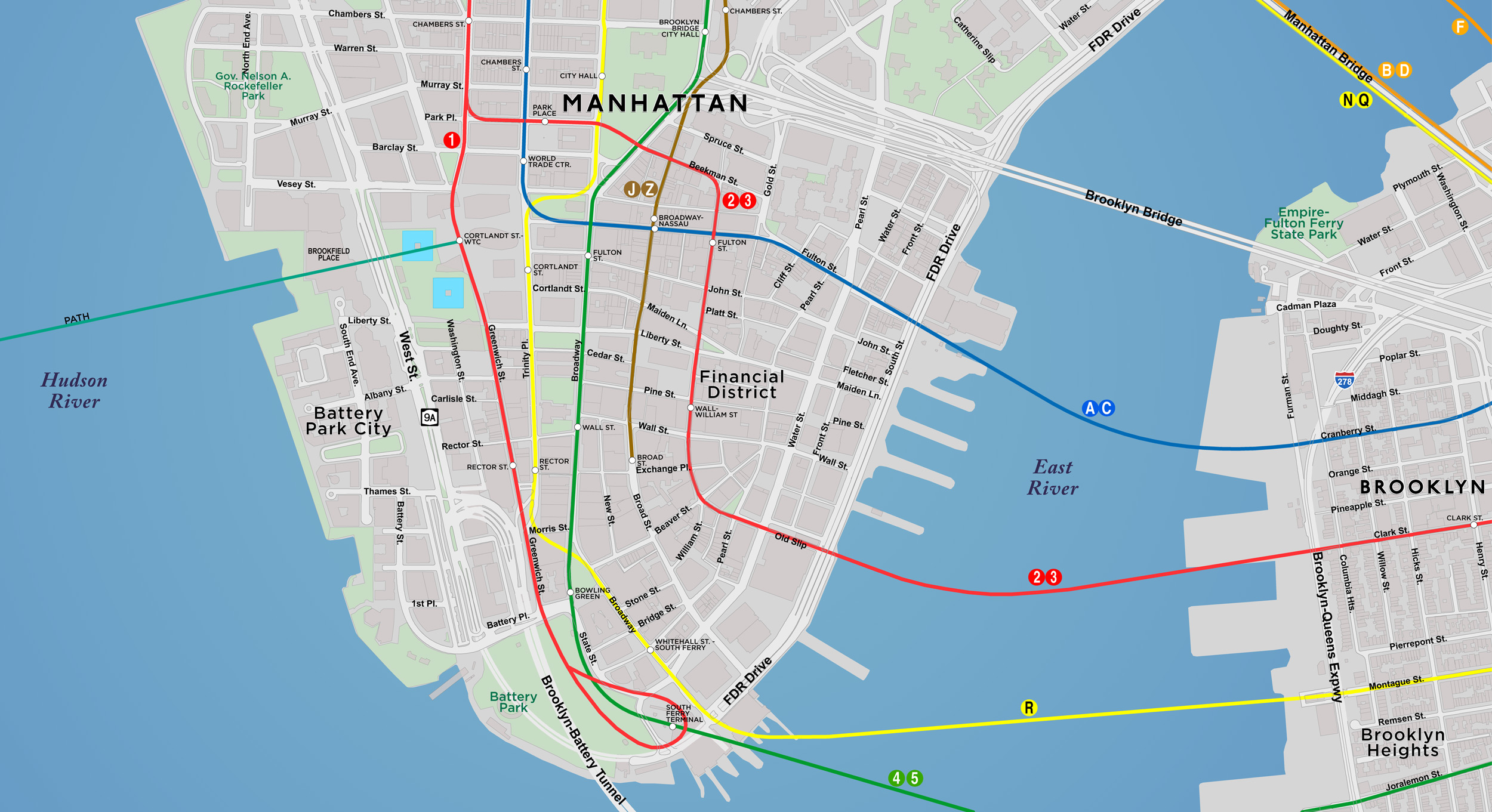 Custom Map of Lower Manhattan Transit - Red Paw Technologies